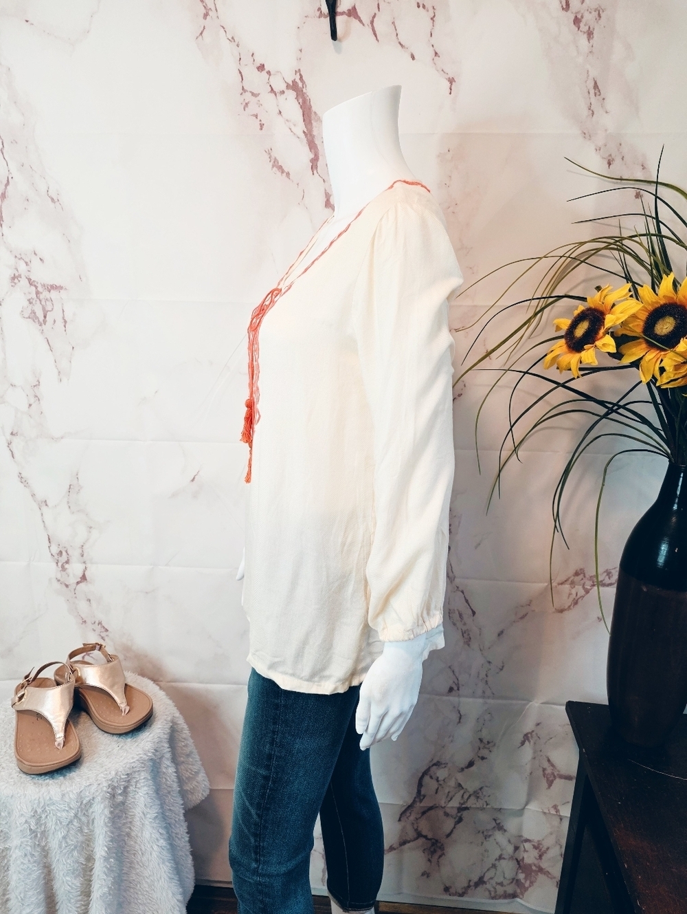 Soft Joie Embroidered Boho Blouse XS Cream Tassel Tie Neck Top - Picture 5 of 8